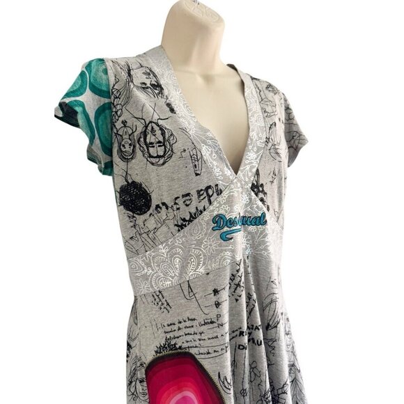 Desigual Woman's Sz M Gray Silver Turquoise Abstract Print V Neck Dress - Picture 2 of 10